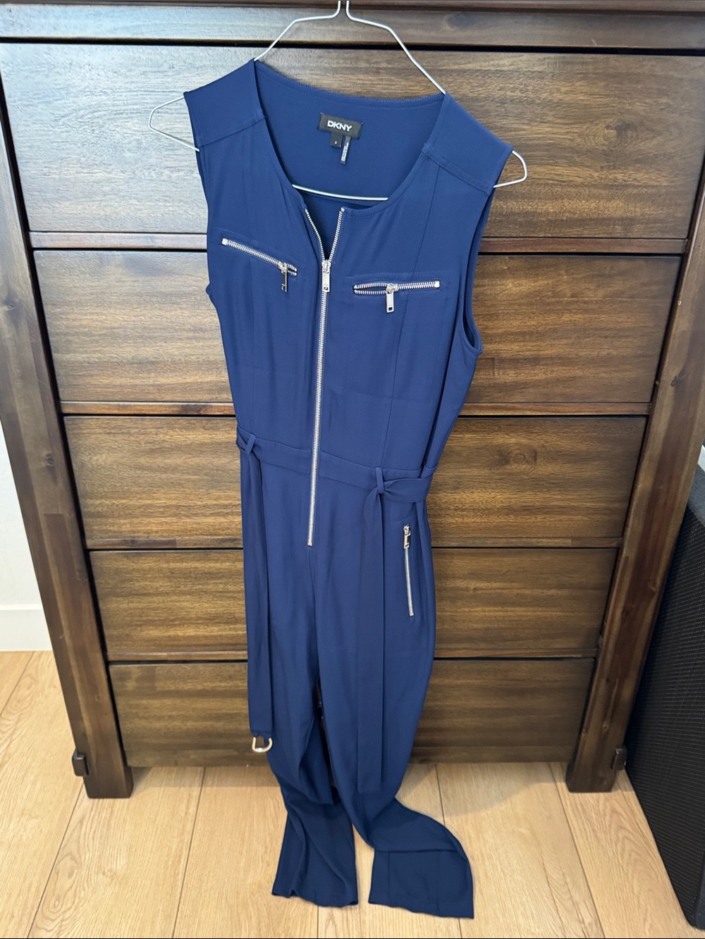 DKNY Navy Blue Sleeveless Zip-Front Jumpsuit